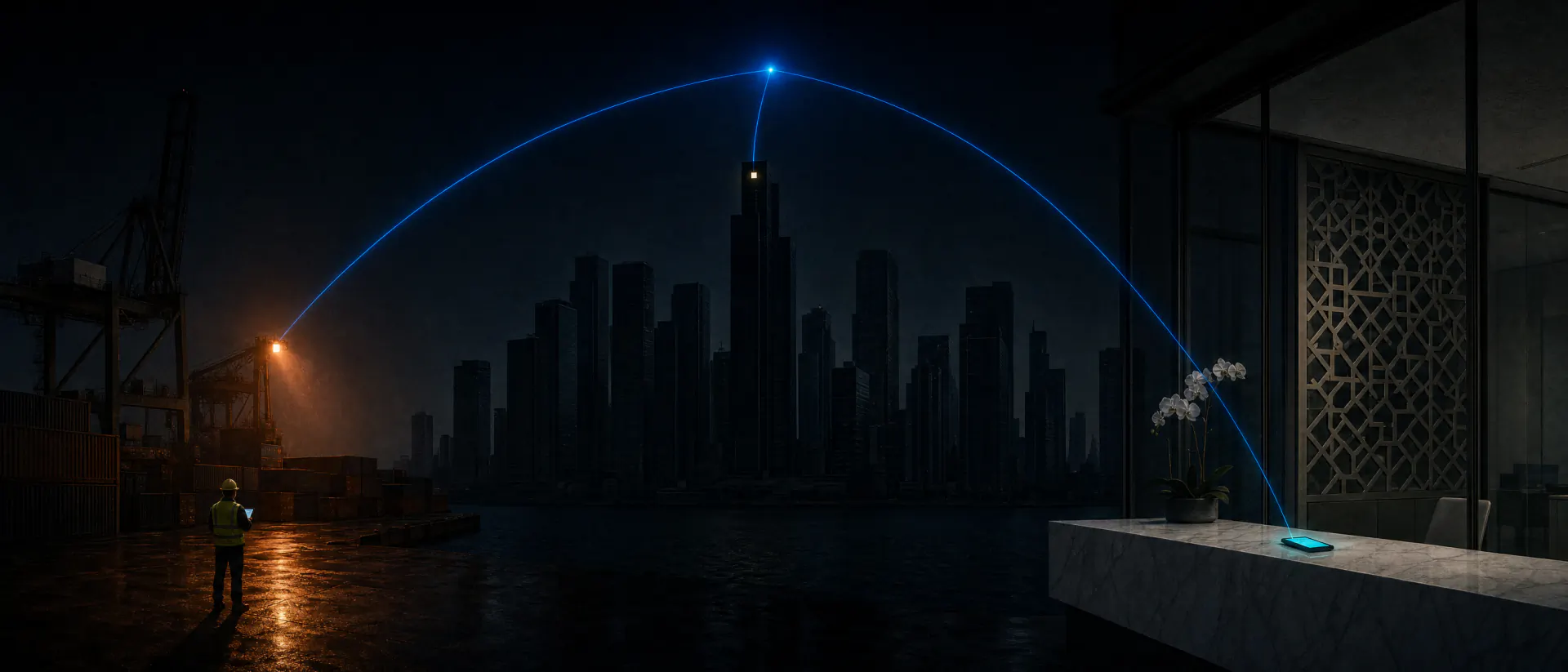 A Gulf city at night in one panorama: a port floodlight glowing orange, one office window lit ivory high in a dark tower, and a phone glowing teal on a clinic counter, joined by three thin blue arcs that meet above the skyline.