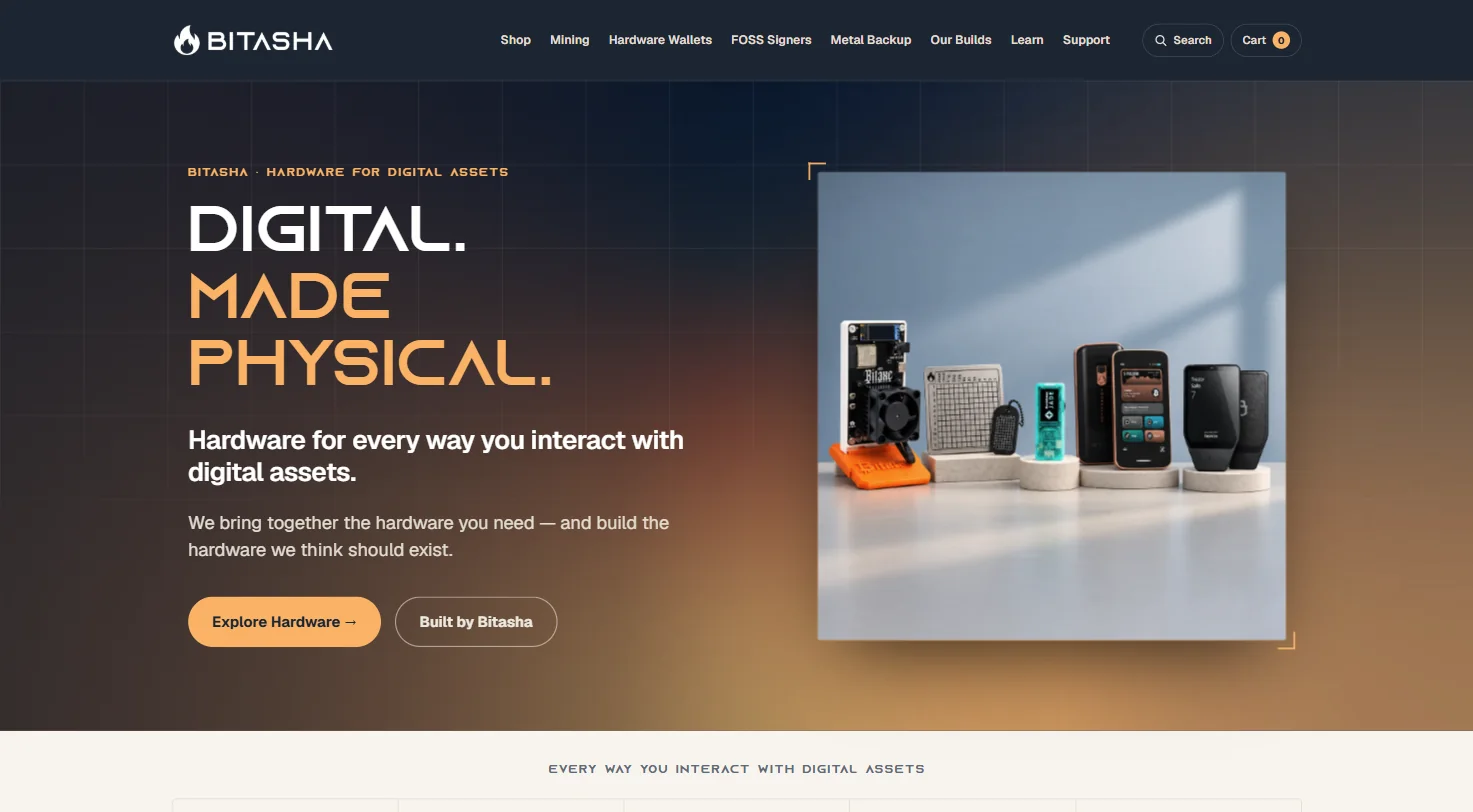 bitasha.com home page: Digital. Made physical. Hardware for every way you interact with digital assets.