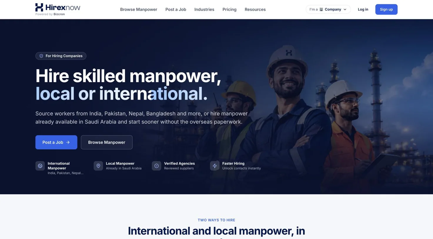 HirexNow for hiring companies: hire skilled manpower, local or international, with Post a job and Browse manpower.