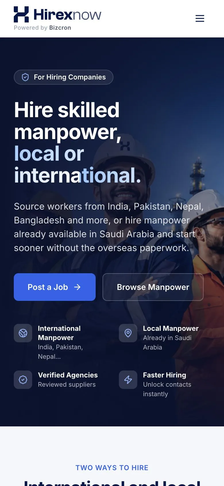 HirexNow on a phone: the hiring-company journey, with Post a job and Browse manpower.