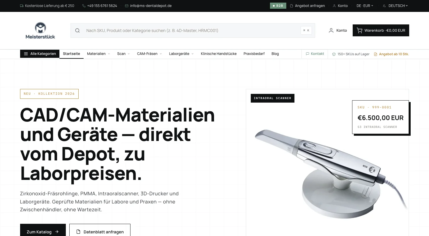 ms-dentaldepot.de home page in German: CAD/CAM materials and equipment direct from the depot, with the catalogue and data-sheet requests.