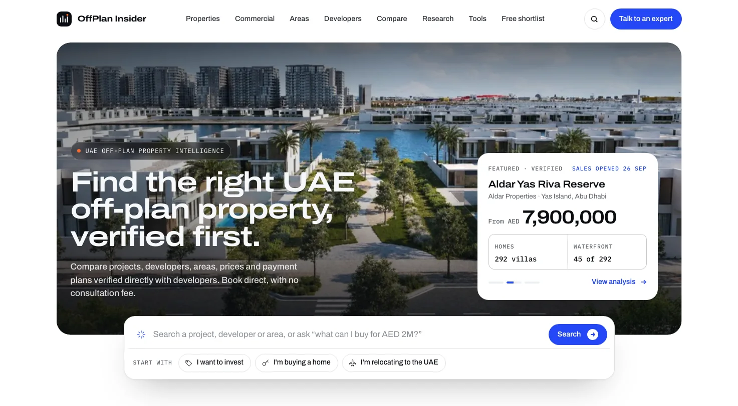offplaninsider.com home page: find the right UAE off-plan property, verified first, with search by project, developer or area.