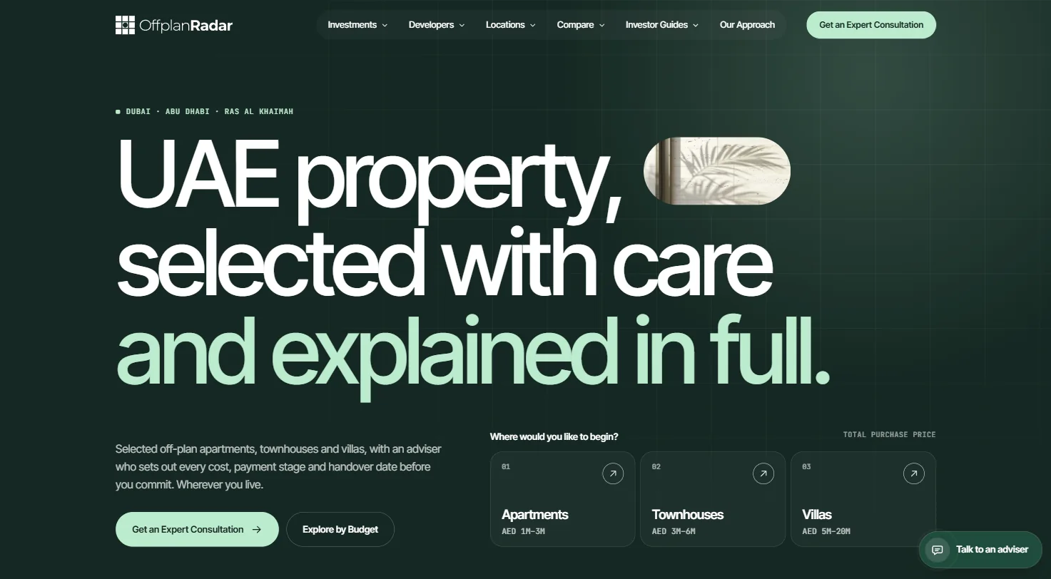 offplanradar.ae home page: UAE property, selected with care and explained in full, across Dubai, Abu Dhabi and Ras Al Khaimah.