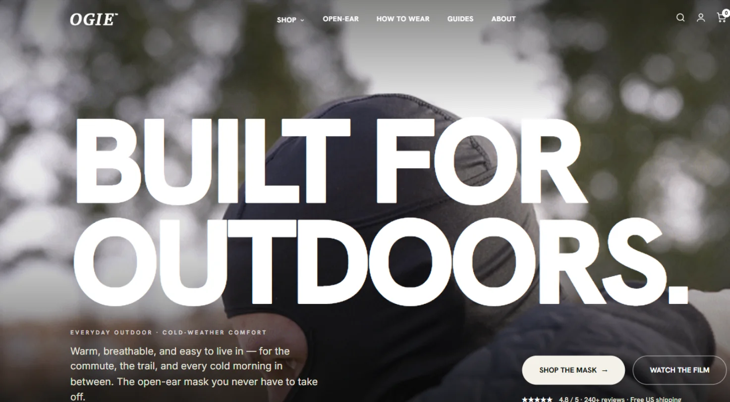 ogieoutdoors.com home page: Built for outdoors, the open-ear mask, with Shop the mask and Watch the film.