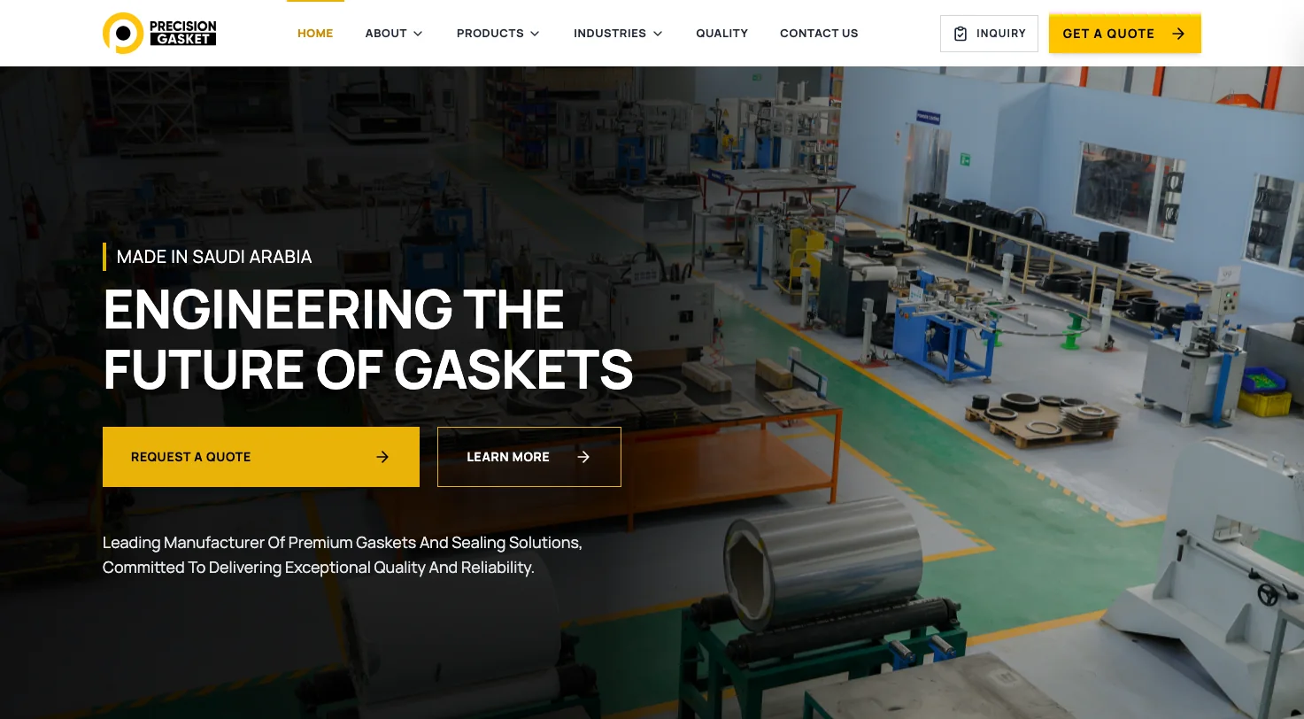 precigasket.com home page: Made in Saudi Arabia, engineering the future of gaskets, with Request a quote over the factory floor.