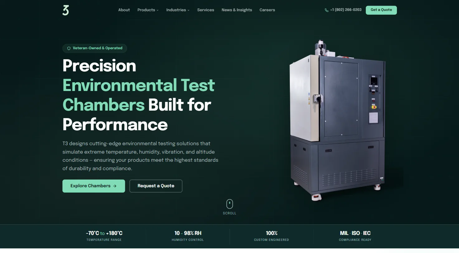 t3test.com home page: precision environmental test chambers, with Explore Chambers and Request a Quote, and the temperature, humidity and compliance ranges below.